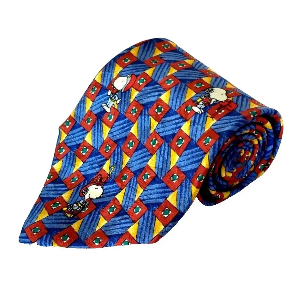 SNOOPY Peanuts Silk Tie Is It Friday Yet? Blue Red & Yellow Geometric Stripe USA